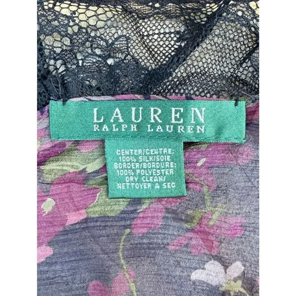 Ralph Lauren 100% Silk Black/Purple Floral & Lace Lightweight Scarf Romantic